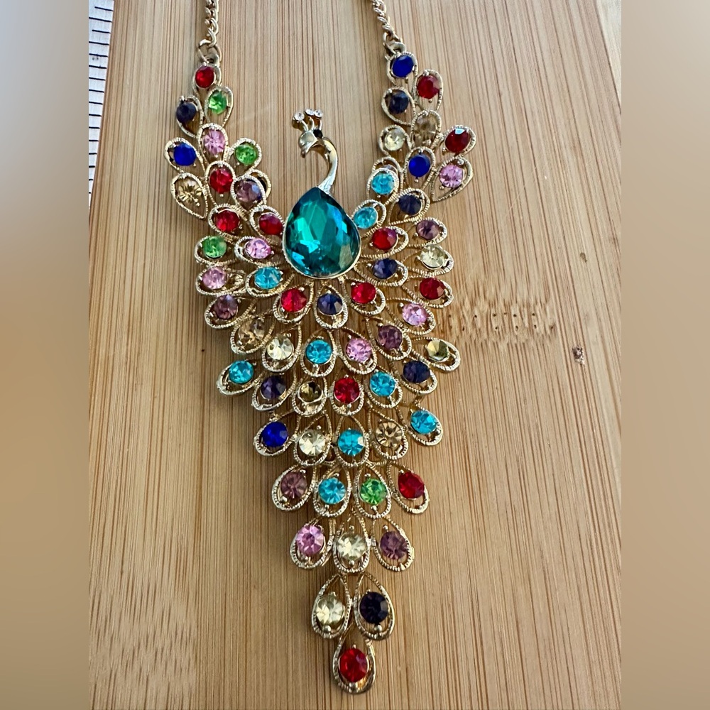 Gold Tone Peacock Statement Necklace Multicolor Rhinestones Large Bib Pendant